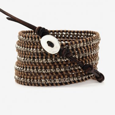 Smoke Grey Faceted Crystal - 5 Wrap Dark Brown Leather Bohemain Boho Bracelet