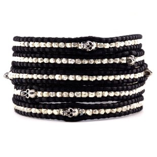 Silver Nuggets/Silver Skull - Chan Luu Inspired 5 Wrap Black Leather Bohemain Boho Bracelet