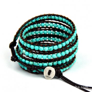Turquoise Stones - Chan Luu Inspired 5 Wrap Leather Beach Surfer Boho Bracelet