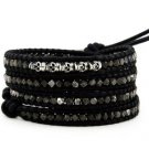 Lambent Bead Stones/Silver Skull - Chan Luu Inspired 5 Wrap Black Leather Bohemain Boho Bracelet