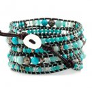 Aqua Terra Jasper Black & Clear Crystal - 5 Wrap Dark Brown Leather Bohemain Boho Bracelet