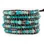 Aqua Terra Jasper Black & Clear Crystal - 5 Wrap Dark Brown Leather Bohemain Boho Bracelet