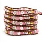 Natural Dusky Rose Pink Gemstones/Gold Nuggets - 5 Wrap Brown Leather Bohemain Boho Bracelet