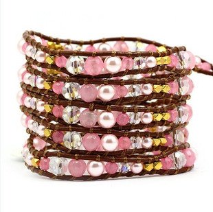 Natural Dusky Rose Pink Gemstones/Gold Nuggets - 5 Wrap Brown Leather Bohemain Boho Bracelet