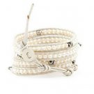 Mother of Pearls/Silver Skull - Chan Luu Inspired 5 Wrap White Leather Bohemain Boho Bracelet