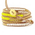 White & Yellow Agate Crystals/Gold Nuggets - 5 Wrap Light Brown Leather Bohemain Boho Bracelet