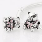 Sterling Silver It's A Girl Pink Ribbon Teddy Bear Charm - fits European DIY Charm Bead Bracelets