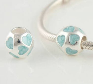 925 Sterling Silver Light Blue Love Heart Charm - fits All European DIY Charm Bead Bracelets