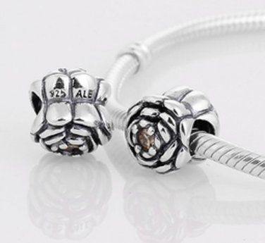 Sterling Silver Champagne Blooming Rose Charm - fits European Beads Bracelets