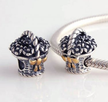 925 Sterling Silver Flower Basket Charm - fits European Beads Bracelets