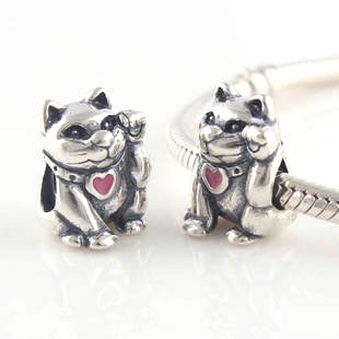 925 Sterling Silver Waving Cat Charm - fits European Beads Bracelets
