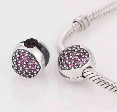 925 Sterling Silver Pink Pave Heart Clip Charm - fits European Beads Bracelets