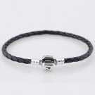 Single Sterling Silver Black Woven Leather Beads Bracelet - fits European Beads Charms