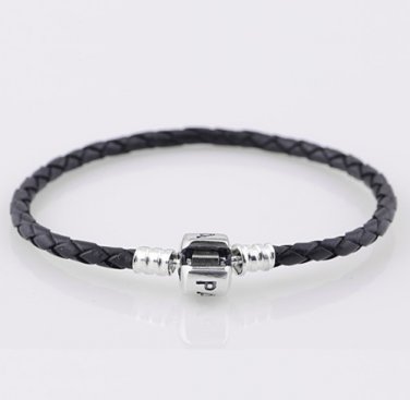 Single Sterling Silver Black Woven Leather Beads Bracelet - fits European Beads Charms
