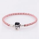 Sterling Silver Single Pink Woven Leather Beads Bracelet - fits European Beads Charms