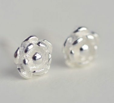 Tiny Camellias Flower Earrings Stud in Matte Sterling Silver