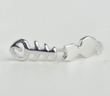 Mini Cat & Fish Bones Earrings Stud in Sterling Silver