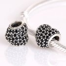 925 Sterling Silver Black Pave Heart Charm - fits European Beads Bracelets