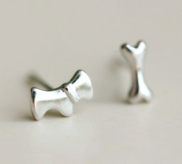 Mini Dog & Bone Earrings Stud in Sterling Silver