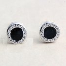 Mini Black Round Agate Earrings Stud in Sterling Silver, Unisex