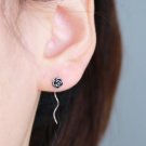 Mini Rose Flower with Long Stem / Thread Earrings Stud in Sterling Silver