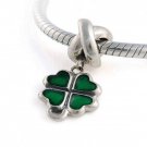 925 Sterling Silver Four Leaf Lucky Clover Green Pendant Charm - fits European Beads Bracelets