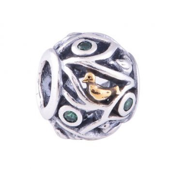 925 Sterling Silver Birds Branches Feathers Charm - fits European Beads Bracelets