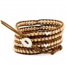 Pearl Ball Beads/Silver Heart - Chan Luu Inspired 5 Wrap Brown Leather Bohemain Boho Bracelet