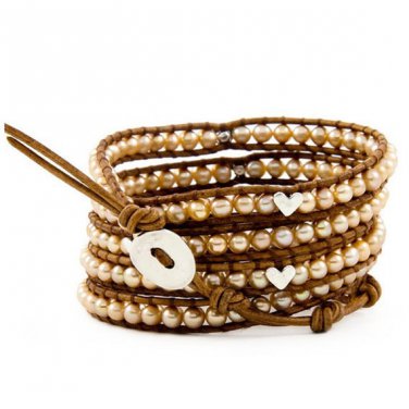 Pearl Ball Beads/Silver Heart - Chan Luu Inspired 5 Wrap Brown Leather Bohemain Boho Bracelet