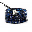 Blue Ocean Ombre Crystals - Chan Luu Inspired 5 Wrap Black Leather Bohemain Boho Bracelet