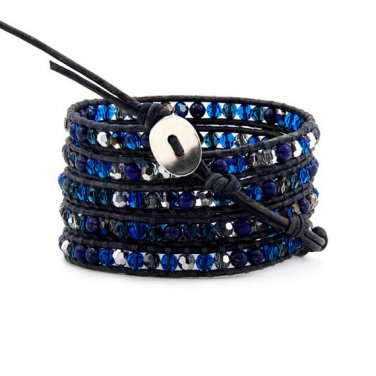 Blue Ocean Ombre Crystals - Chan Luu Inspired 5 Wrap Black Leather Bohemain Boho Bracelet