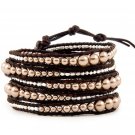 Pearl Ball Beads/Silver Nuggets - Chan Luu Inspired 5 Wrap Dark Brown Leather Bohemain Boho Bracelet
