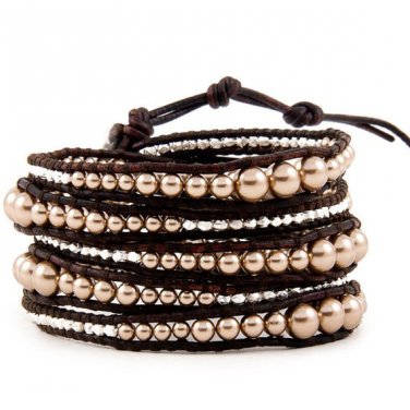 Pearl Ball Beads/Silver Nuggets - Chan Luu Inspired 5 Wrap Dark Brown Leather Bohemain Boho Bracelet