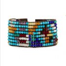 Multicolor Rainbow Semi-Precious Stones - 8 Rows Leather Bohemein Boho Cuff Bracelet