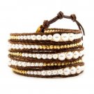 Pearl Ball Beads/Gold Nuggets - Chan Luu Inspired 5 Wrap Dark Brown Leather Bohemain Boho Bracelet