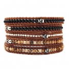 Black Agate/Silver Nuggets/Landscape Stone/Silver Skull - 5 Wrap Brown Leather Bohemain Bracelet