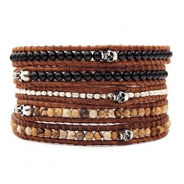 Black Agate/Silver Nuggets/Landscape Stone/Silver Skull - 5 Wrap Brown Leather Bohemain Bracelet