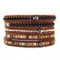 Black Agate/Silver Nuggets/Landscape Stone/Silver Skull - 5 Wrap Brown Leather Bohemain Bracelet