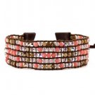 Rose Jasper/Burgundy Stones/Clear Crystal - 5 Strands Row Leather Bohemein Boho Cuff Bracelet