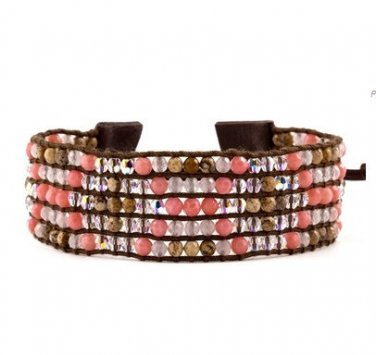 Rose Jasper/Burgundy Stones/Clear Crystal - 5 Strands Row Leather Bohemein Boho Cuff Bracelet