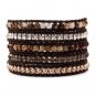 Brown Agate/Pearl Beads/Crystals - Chan Luu Inspired Bohemain 5 Wrap Leather Boho Bracelet