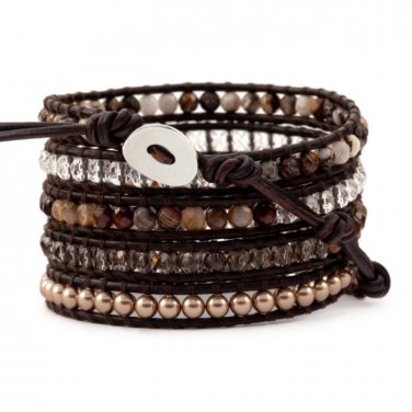 Brown Agate/Pearl Beads/Crystals - Chan Luu Inspired Bohemain 5 Wrap Leather Boho Bracelet