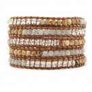 Tigereye Stone/Moonstone/Clear Crystal - 5 Wrap Brown Leather Bohemain Boho Bracelet
