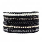 Agate/Hematite Stone/Plated Nuggets - Chan Luu Inspired 5 Wrap Black Leather Bohemain Boho Bracelet