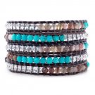 Turquoise Stone/Agate/Clear Crystals - Bohemian 5 Wrap Dark Brown Leather Boho Bracelet