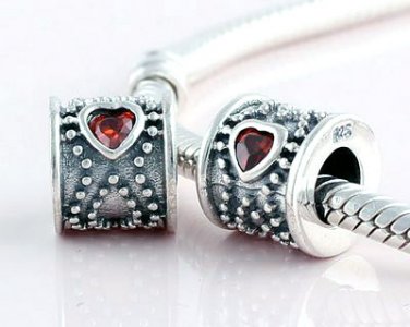 925 Sterling Silver Red CZ Heart Barrel Drum Charm - for All European DIY Charm Bead Bracelets