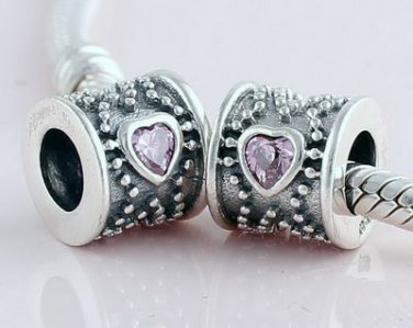 925 Sterling Silver Pink CZ Heart Barrel Drum Charm -for All European DIY Charm Bead Bracelets