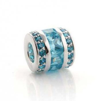 925 Sterling Silver Light Aquamarine CZ Barrel Charm - fits European Beads Bracelets