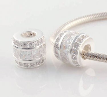 925 Sterling Silver Clear CZ Barrel Charm - fits European Beads Bracelets
