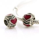925 Sterling Silver Red Boudoir Enamel Heart Charm - fits European Beads Bracelets